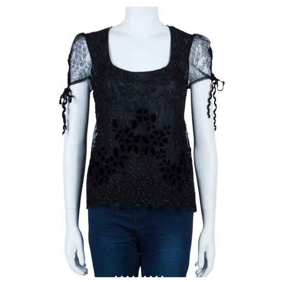 Valentino Black Beaded Square Neck Sheer Short Sleeve Top Size 6 - Picture 1 of 13